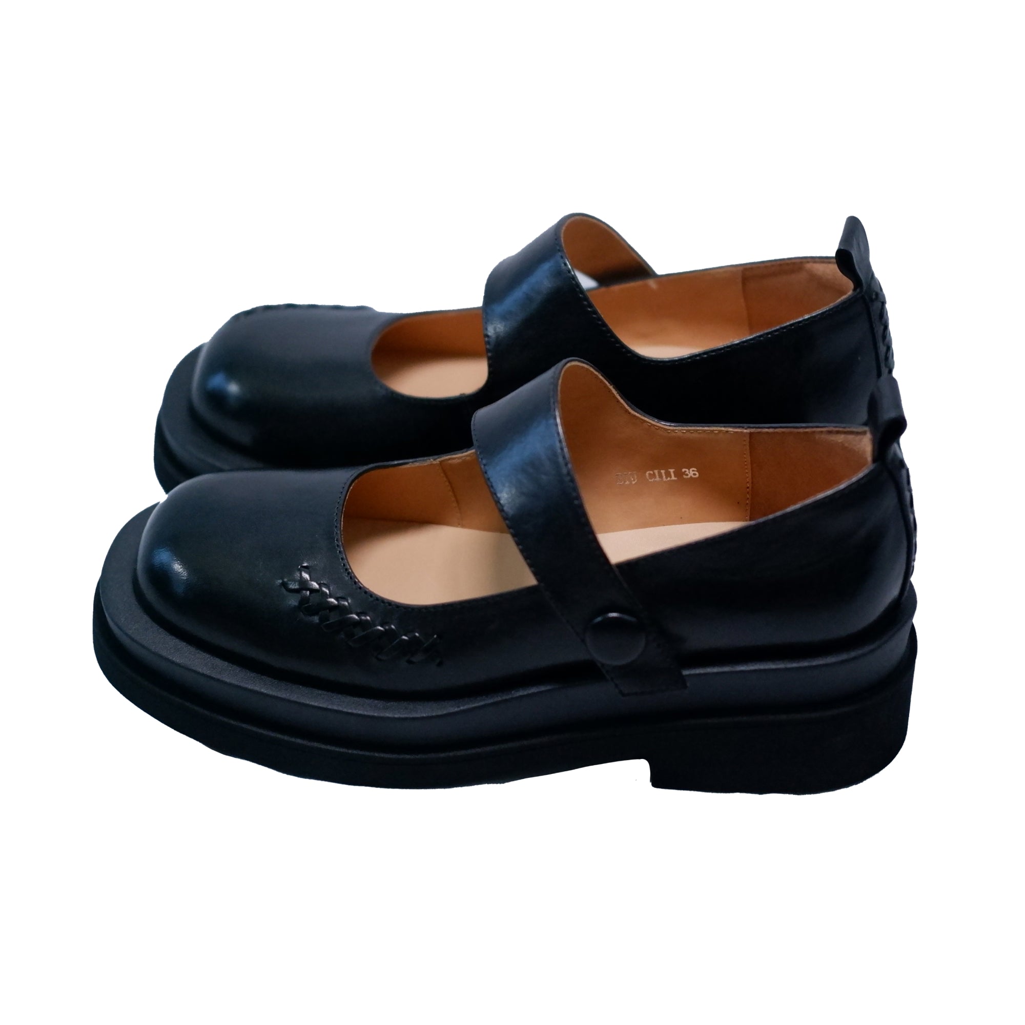 "Dark Chocolate Cookie" Women's Leather Strap Mary Jane Shoes in Black