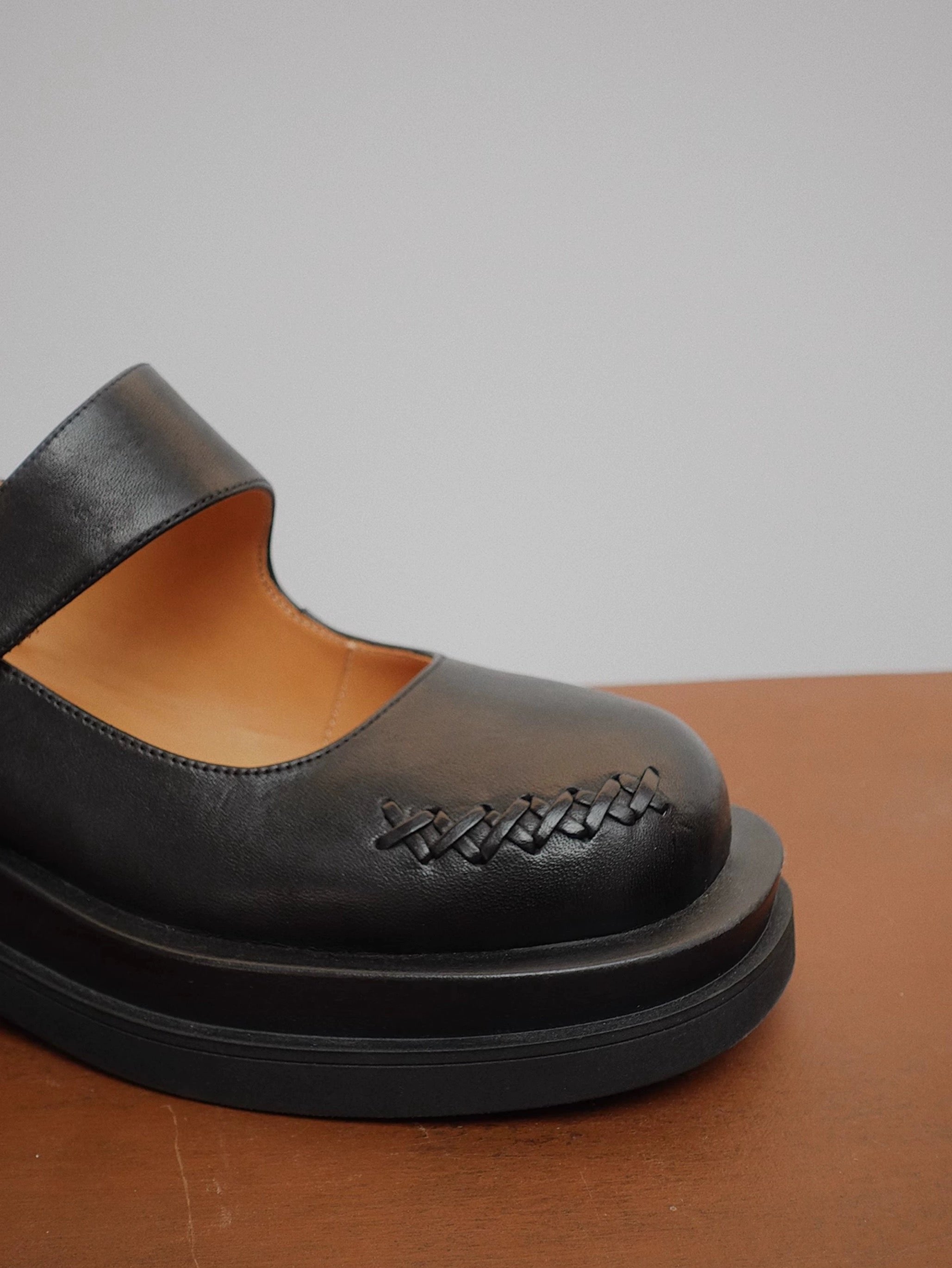 "Dark Chocolate Cookie" Women's Leather Strap Mary Jane Shoes in Black