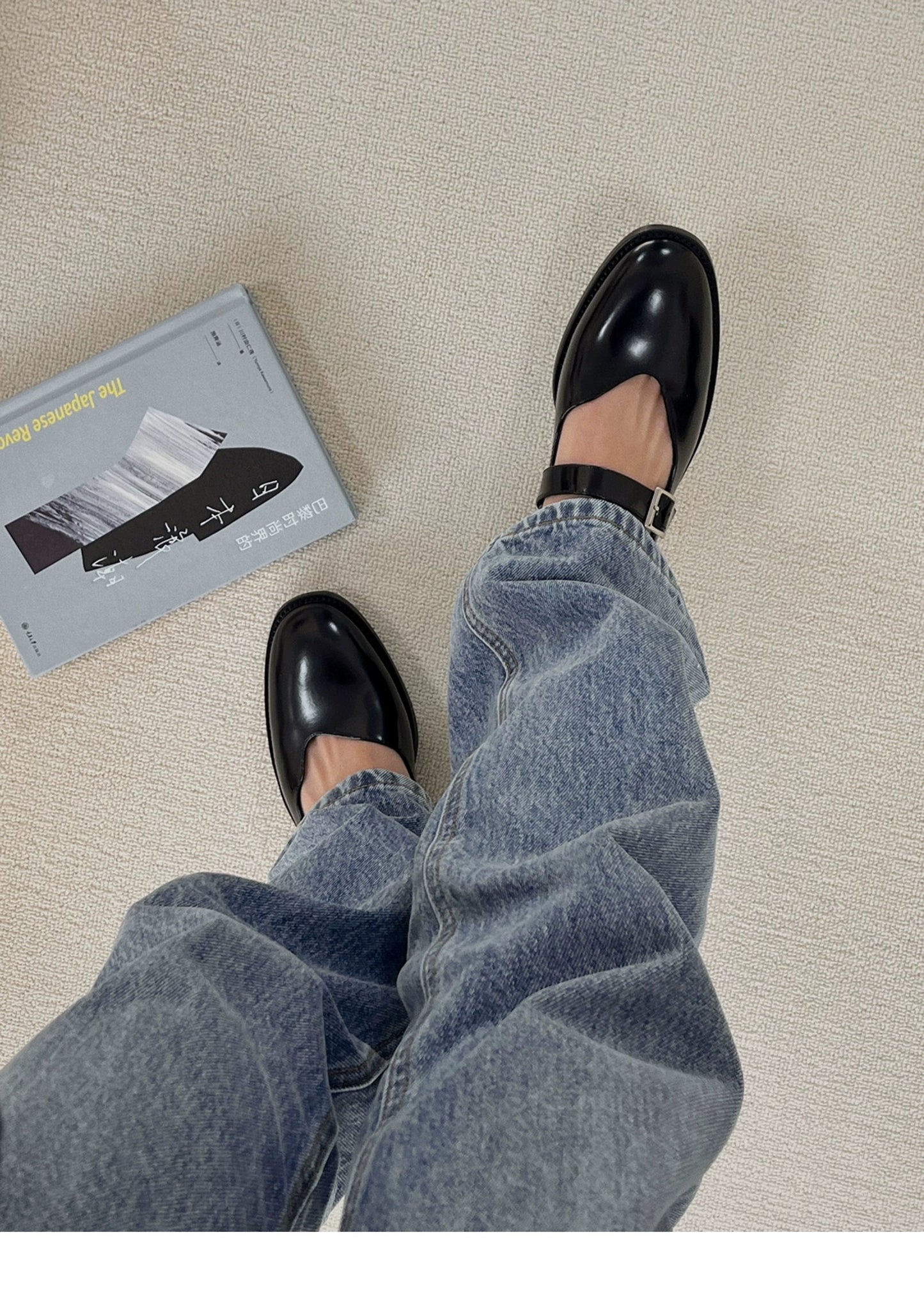 "Vinyl Vibe" Women's Asymmetric Leather Mary Jane Flats in Black
